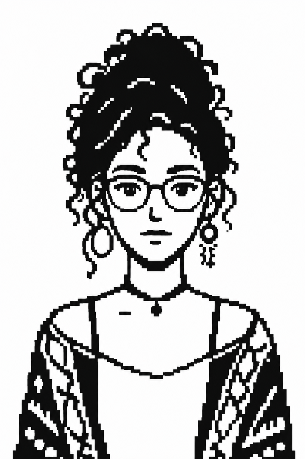 Cleo — pixel portrait with curly hair and glasses