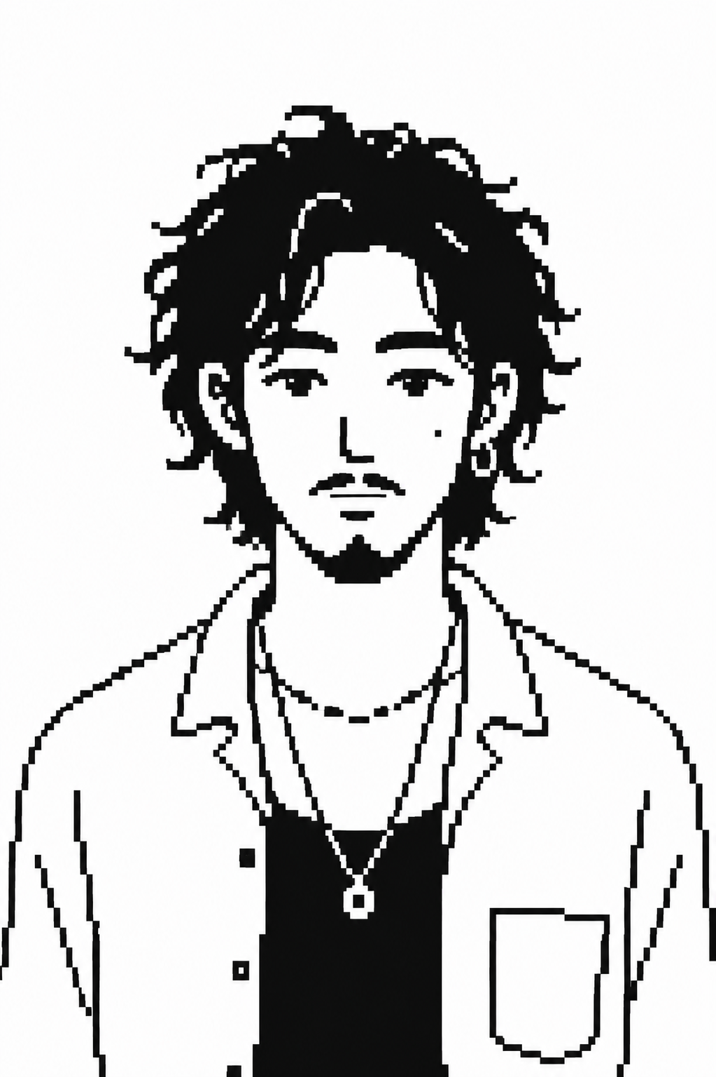 Finn — pixel portrait with long curly hair