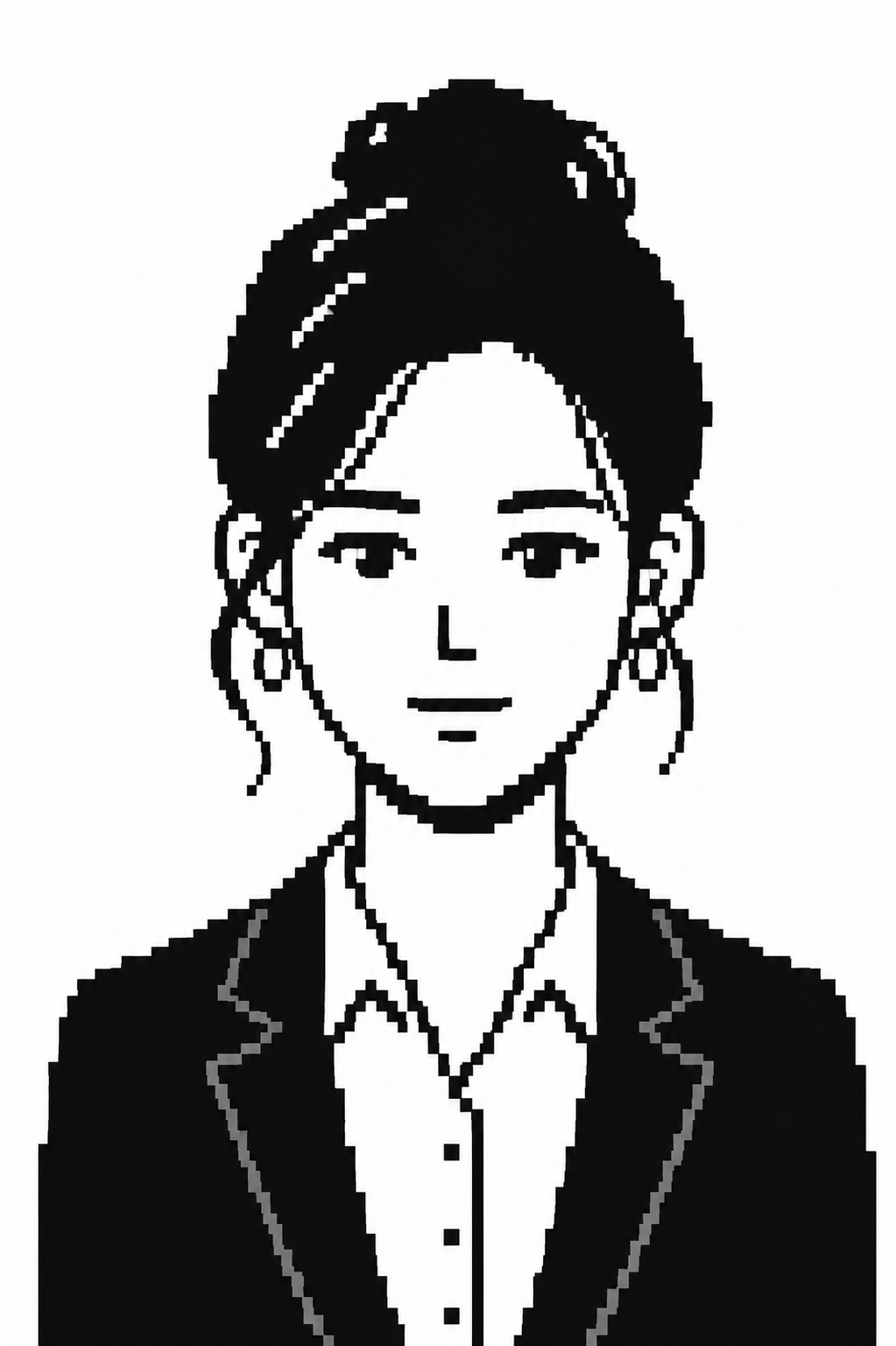 June — pixel portrait with a hair bun and earrings