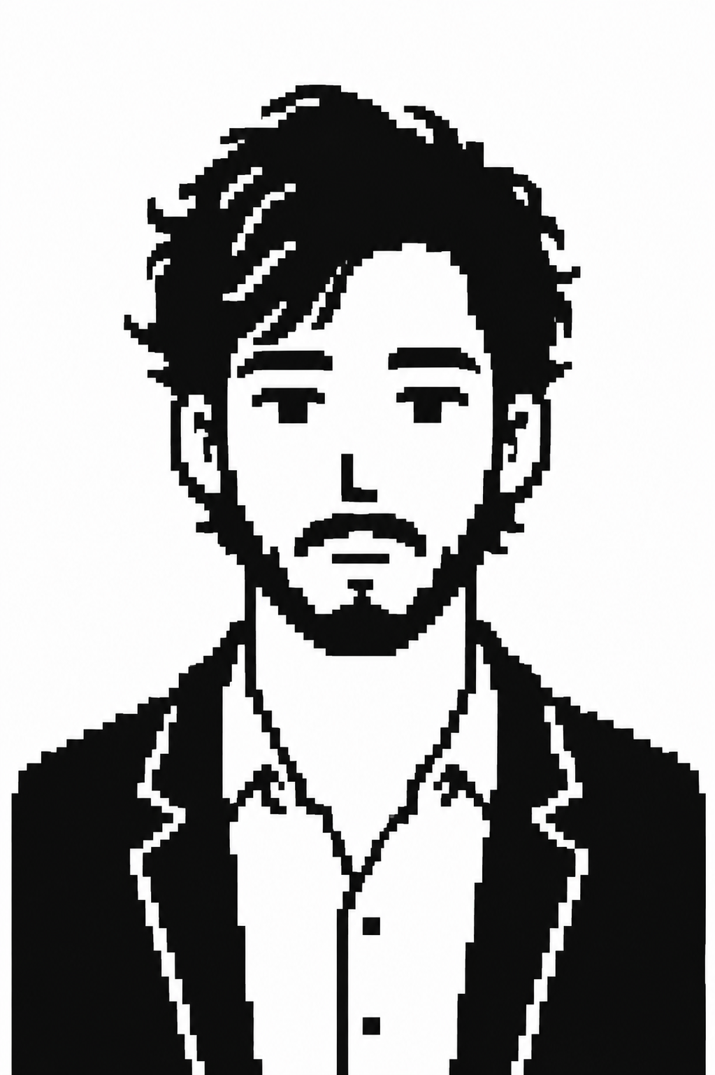 Leo — pixel portrait with tousled hair and a blazer