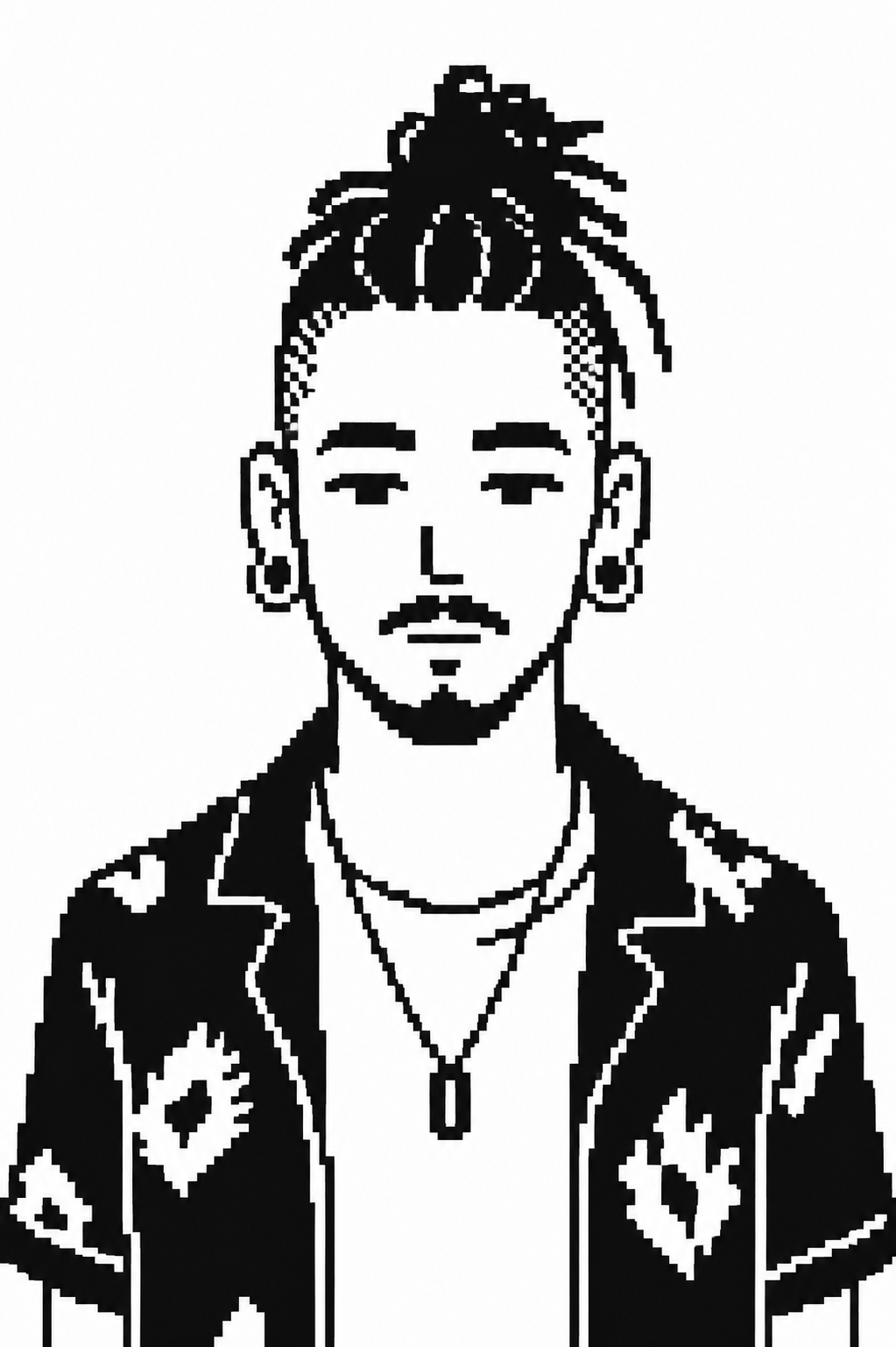 Rio — pixel portrait with a man bun and patterned shirt
