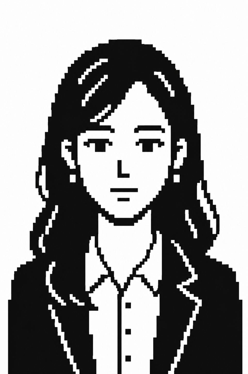 Wren — pixel portrait with long wavy hair and a blazer